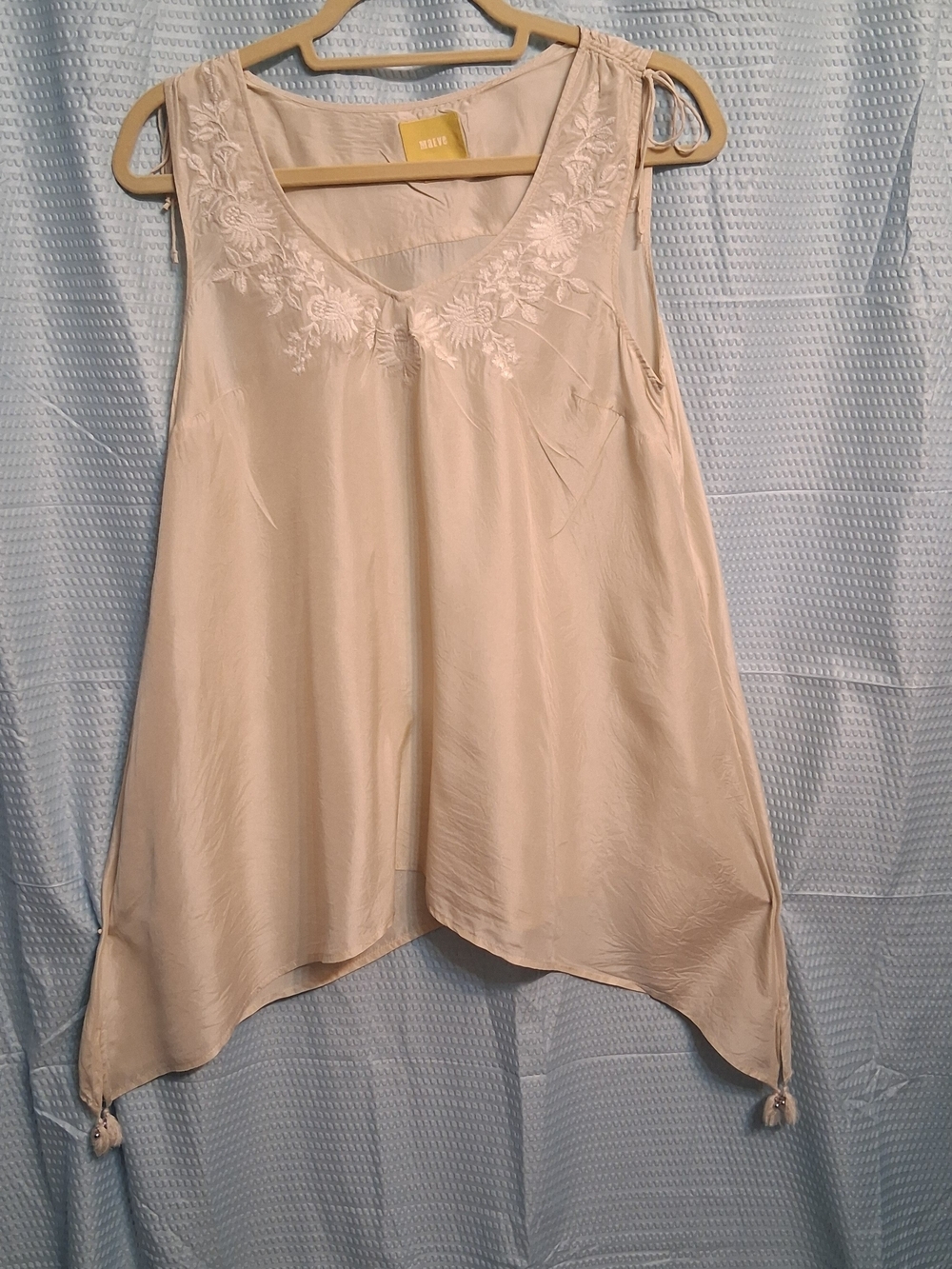 Maeve Cream Sleeveless Embroidered V-Neck Tunic with Tassel Points,100% Silk